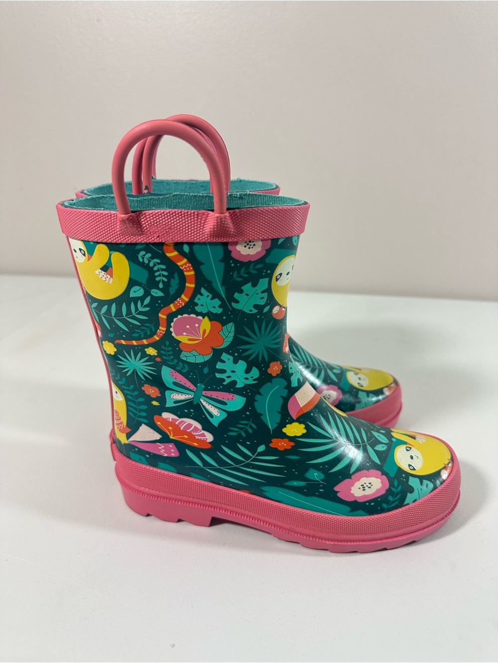 NWOB Lily & Dan Kids Rain Boots 11/12 Green Pink Sloth Print Rubber Waterproof - Picture 5 of 10